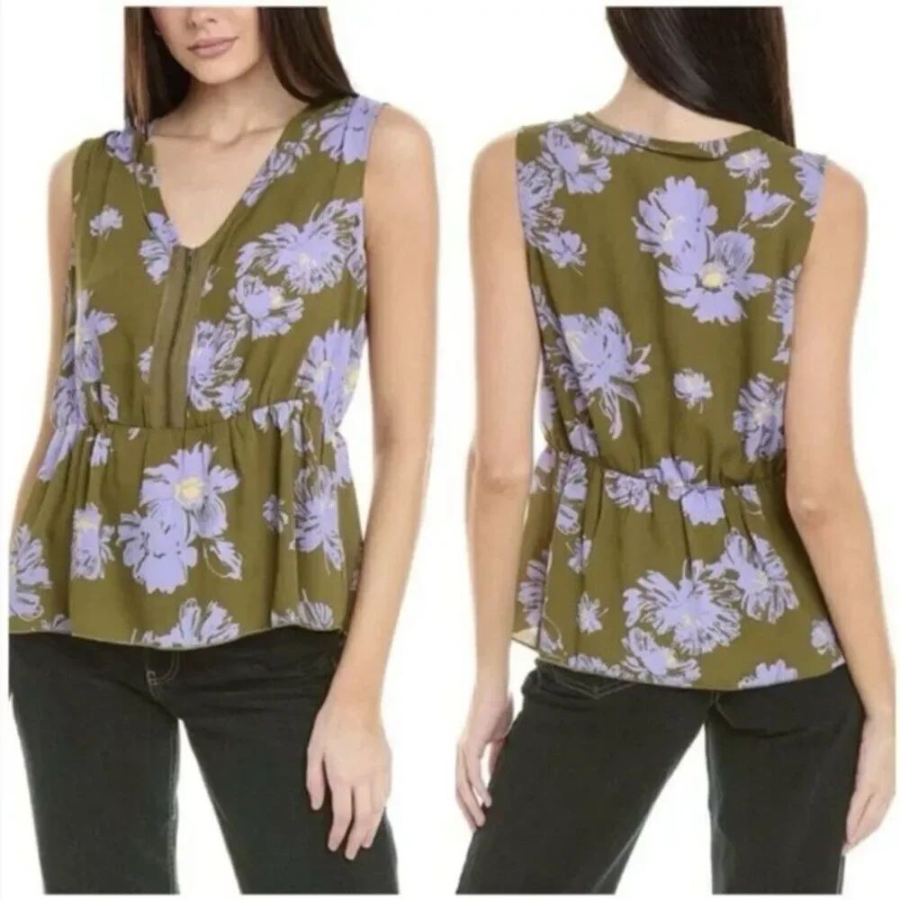 CAbi Celebrity Top Style 4184 Olive Green Lavender Floral Peplum Blouse Size S